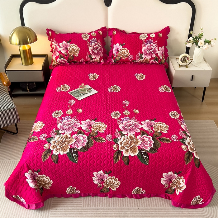 91家纺网 家纺一手货源 找家纺 2025新款水晶绒床单盖毯单人三件套花边毯子冬季加厚保暖双人加棉防滑绒毯 玫红蝶恋花