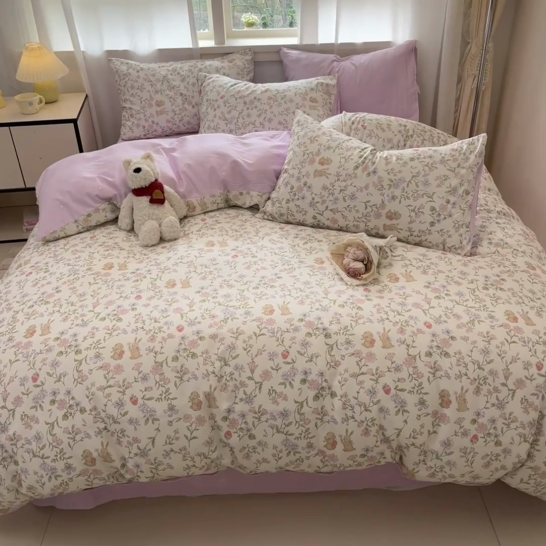 91家纺网 家纺一手货源 找家纺 798家纺 2025新款开春全棉12868印花四件套 丛林小兔