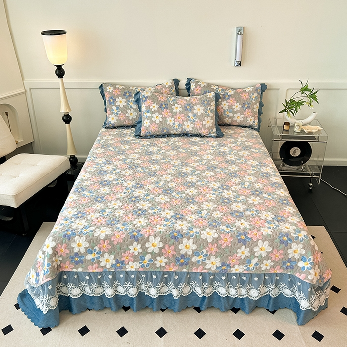 91家纺网 家纺一手货源 找家纺 珍爱家纺 2025新款冬季加厚夹棉保暖牛奶绒蕾丝花边床盖床裙单件三件套双人四件套 美丽花园