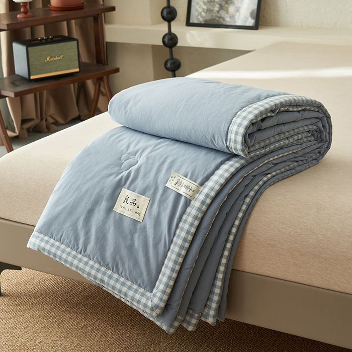 91家纺网 家纺一手货源 找家纺 子由家居 2025新款水洗棉棋盘格织标大豆纤维夏被被子被芯 棋盘格边夏被-浅蓝