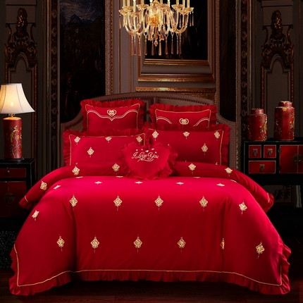 91家纺网 家纺一手货源 找家纺 （总）慕她家纺 2025慕她婚庆四件套大红色全棉纯棉刺绣结婚床上用品-系列二