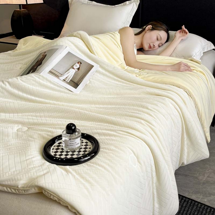 91家纺网 家纺一手货源 找家纺 子由家居 2025新款凉感丝浮雕提花大豆夏被被子被芯 经典格-米白
