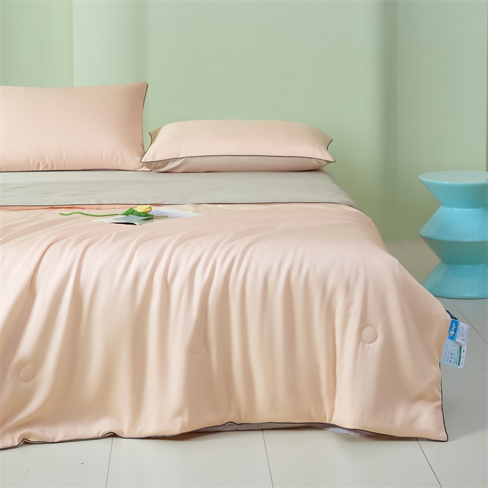 91家纺网 家纺一手货源 找家纺 笙意家纺 2025新款凉感水洗真丝麻绳双拼夏凉被-华尔兹系列 华尔兹-奶油粉+山灰