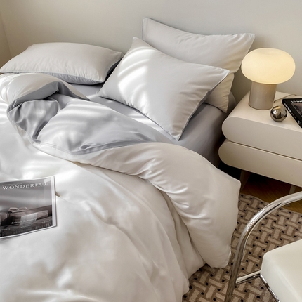 91家纺网 家纺一手货源 找家纺 繁花家居  2025新款亲肤舒适A类高支密冰丝素色冰丝四件套-风格一 极白中灰