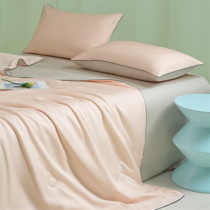 91家纺网 家纺一手货源 找家纺 笙意家纺 2025新款凉感水洗真丝麻绳双拼夏凉被-华尔兹系列 华尔兹-奶油粉+山灰