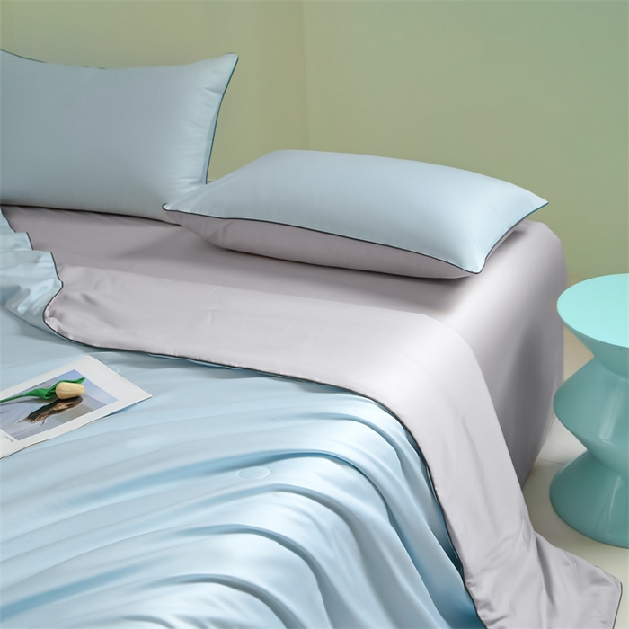 91家纺网 家纺一手货源 找家纺 笙意家纺 2025新款凉感水洗真丝麻绳双拼夏凉被-华尔兹系列 华尔兹-天空蓝+山灰