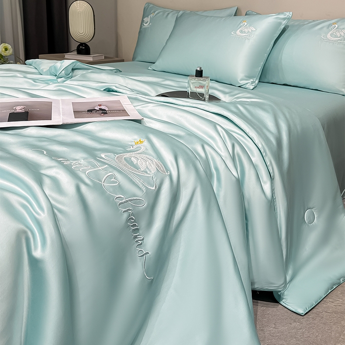 91家纺网 家纺一手货源 找家纺 如一 2025新款水洗冰丝麻绳夏被四件套天鹅系列 天鹅-梵星兰