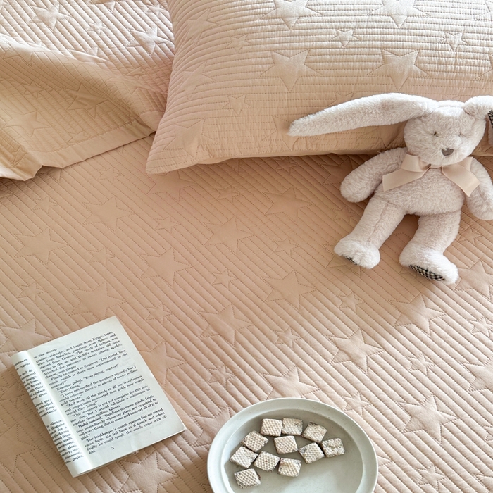 91家纺网 家纺一手货源 找家纺 漫调2025新款双面全棉砂洗水洗星星绗缝床盖三件套多功能夏被 繁星咖