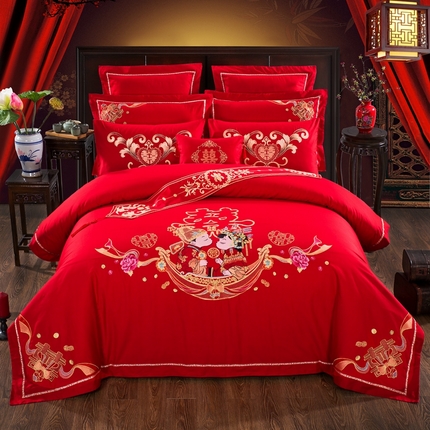 91家纺网 家纺一手货源 找家纺 （总）慕她家纺 2025慕她婚庆四件套大红色全棉纯棉刺绣结婚床上用品-系列二