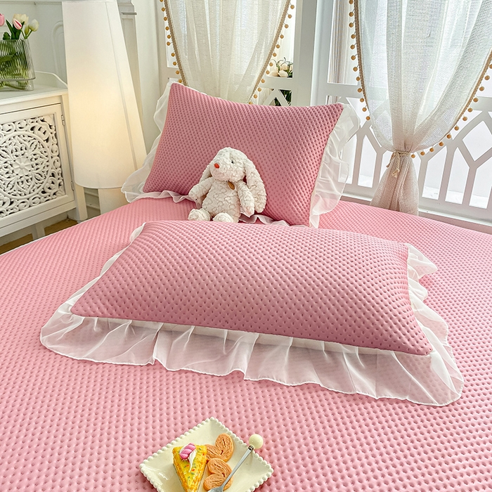 91家纺网 家纺一手货源 找家纺 眠势力 2025新款华夫格花边床笠豆豆凉席款夏季凉感床垫保护套 （提供买家秀） 紫豆沙