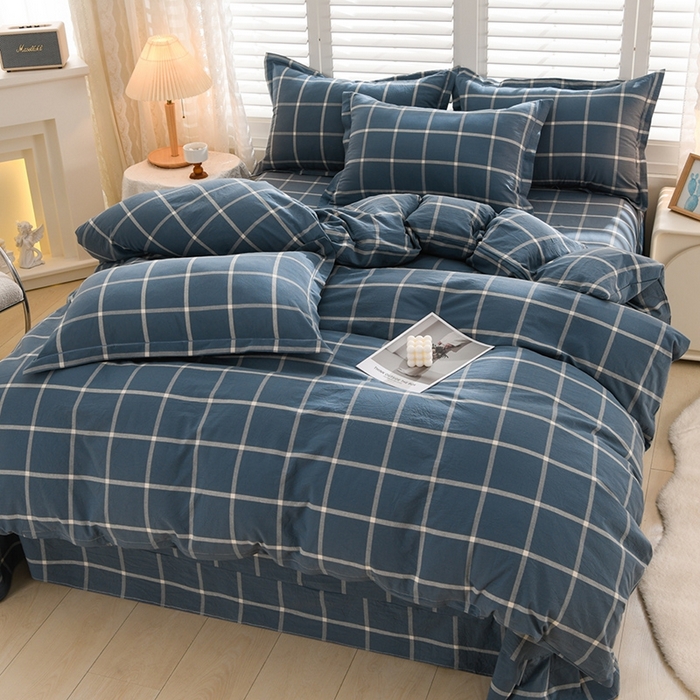 91家纺网 家纺一手货源 找家纺 润淳家居 2025新款A类全棉水洗棉四件套三件套 马卡龙 大格灰