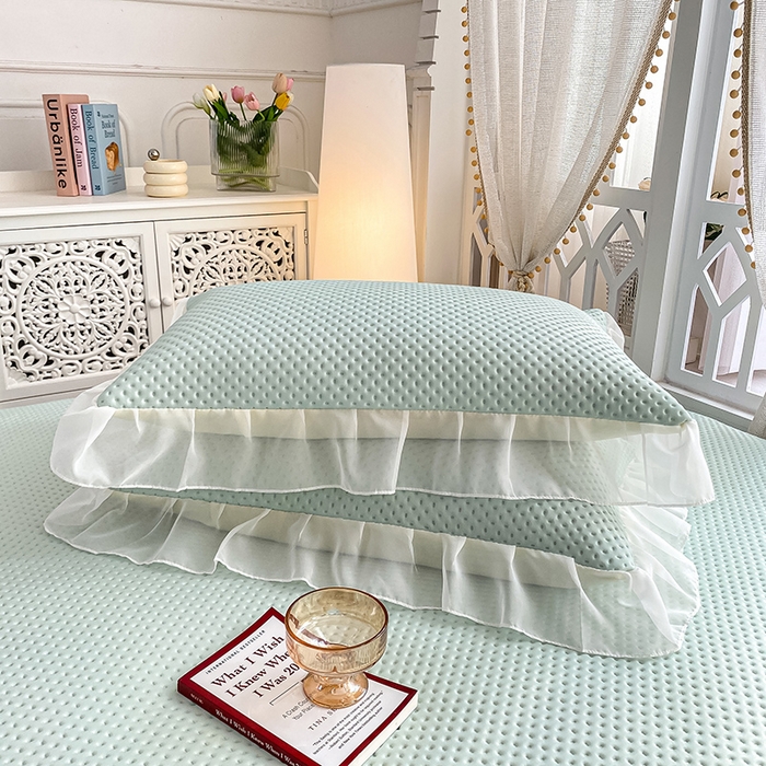 91家纺网 家纺一手货源 找家纺 眠势力 2025新款华夫格花边床笠豆豆凉席款夏季凉感床垫保护套 （提供买家秀） 青春绿