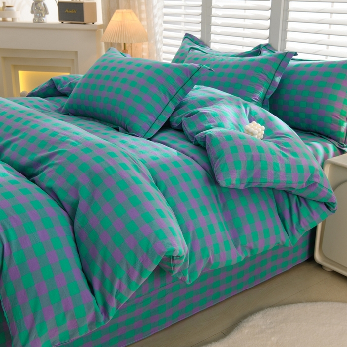 91家纺网 家纺一手货源 找家纺 润淳家居 2025新款A类全棉水洗棉四件套三件套 蓝紫三分格