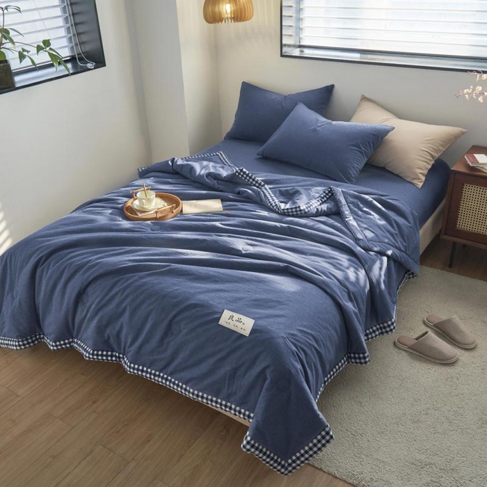 91家纺网 家纺一手货源 找家纺 子由家居 2025新款水洗棉棋盘格织标大豆纤维夏被被子被芯 棋盘格边夏被-深蓝