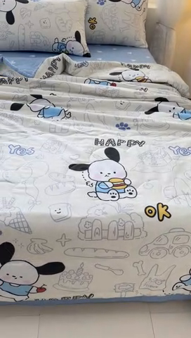 91家纺网 家纺一手货源 找家纺 洺兰家居 2025新款A类全棉印花麻绳款夏被四件套 蓝小狗