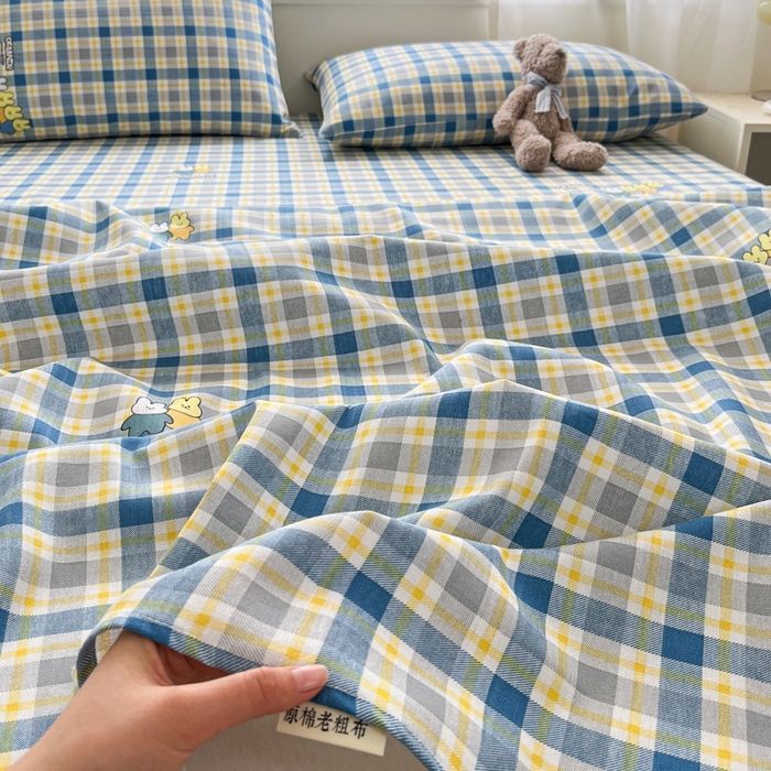 91家纺网 家纺一手货源 找家纺 莱通2025新款原棉老粗布床单 格子兔