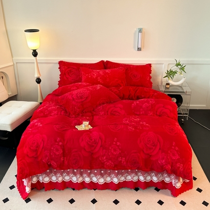 91家纺网 家纺一手货源 找家纺 （总）珍爱家纺 2025新款冬季加厚夹棉保暖牛奶绒蕾丝花边床盖床裙单件三件套双人四件套