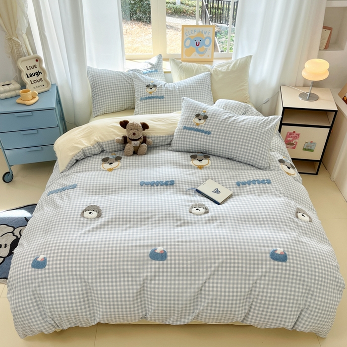 91家纺网 家纺一手货源 找家纺 乐坊2025新款云朵棉毛巾绣四件套 晚安狗狗