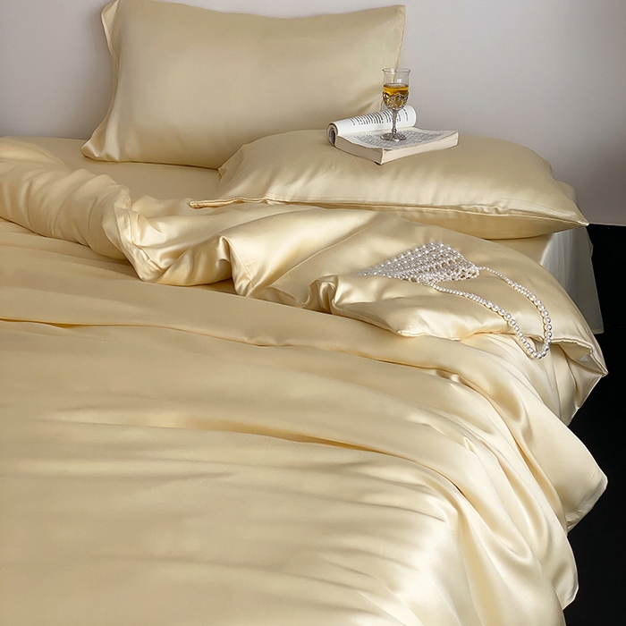 91家纺网 家纺一手货源 找家纺 繁花家居  2025新款亲肤舒适A类高支密冰丝素色冰丝四件套-风格一 黄桃蜜恋