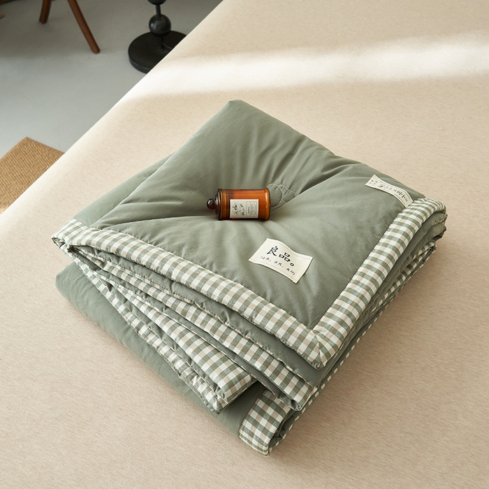 91家纺网 家纺一手货源 找家纺 子由家居 2025新款水洗棉棋盘格织标大豆纤维夏被被子被芯 棋盘格边夏被-豆绿