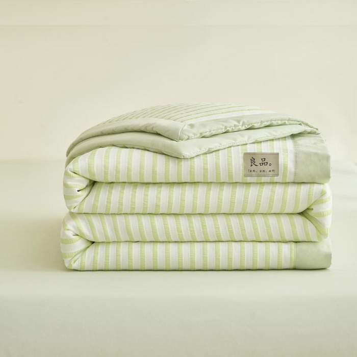 91家纺网 家纺一手货源 找家纺 子由家居 2025新款色织条纹提花大豆夏被四件套 色织条纹-果绿
