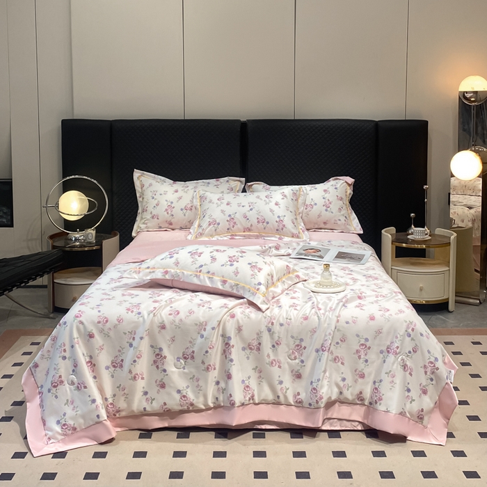 91家纺网 家纺一手货源 找家纺 绘萱2025爆款直播印花水洗天丝夏被四件套凉感水洗真丝冰丝夏凉被空调被花期