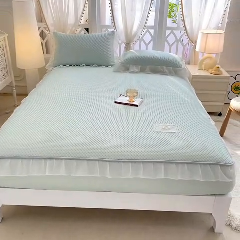 91家纺网 家纺一手货源 找家纺 眠势力 2025新款华夫格花边床笠豆豆凉席款夏季凉感床垫保护套 （提供买家秀） 青春绿