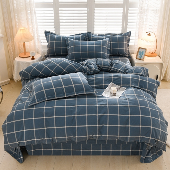 91家纺网 家纺一手货源 找家纺 润淳家居 2025新款A类全棉水洗棉四件套三件套 马卡龙 大格灰