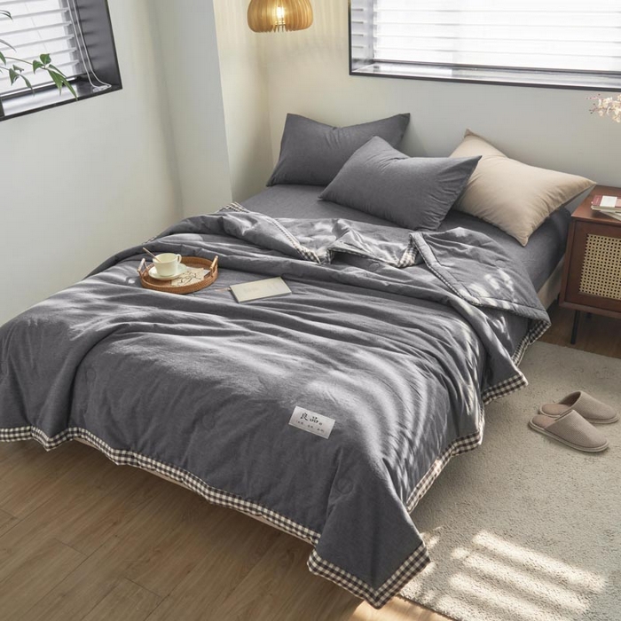 91家纺网 家纺一手货源 找家纺 子由家居 2025新款水洗棉棋盘格织标大豆纤维夏被被子被芯 棋盘格边夏被-暗灰