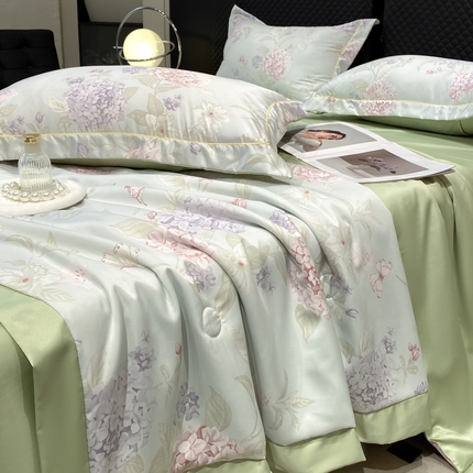 绘萱2025爆款直播印花水洗天丝夏被四件套凉感水洗真丝冰丝夏凉被空调被绣球
