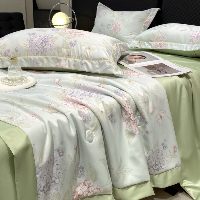 91家纺网 家纺一手货源 找家纺 绘萱2025爆款直播印花水洗天丝夏被四件套凉感水洗真丝冰丝夏凉被空调被绣球