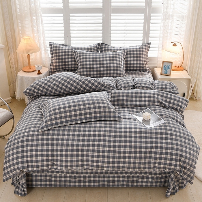 91家纺网 家纺一手货源 找家纺 润淳家居 2025新款A类全棉水洗棉四件套三件套 莱卡灰 小格