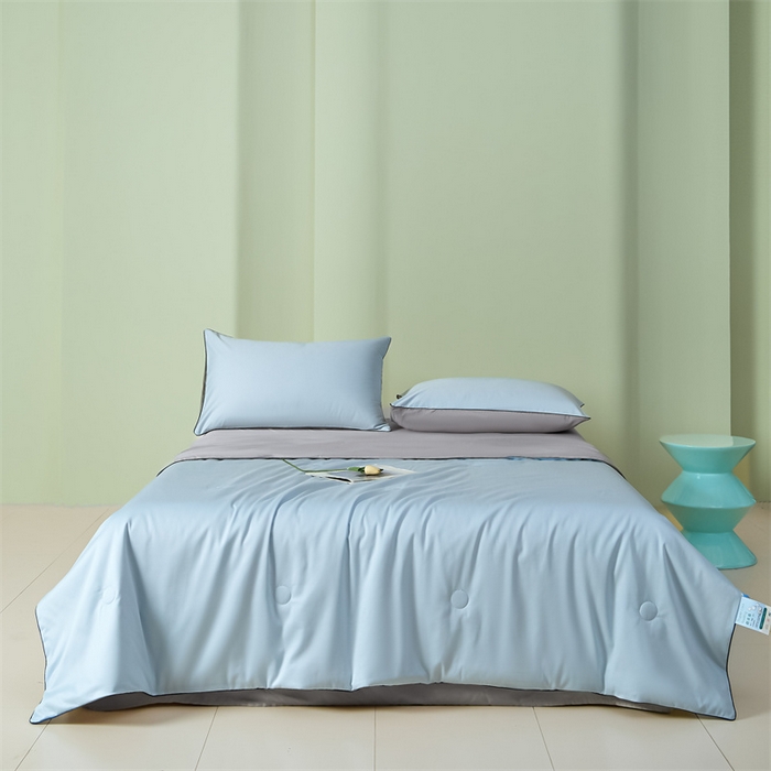 91家纺网 家纺一手货源 找家纺 笙意家纺 2025新款凉感水洗真丝麻绳双拼夏凉被-华尔兹系列 华尔兹-天空蓝+山灰