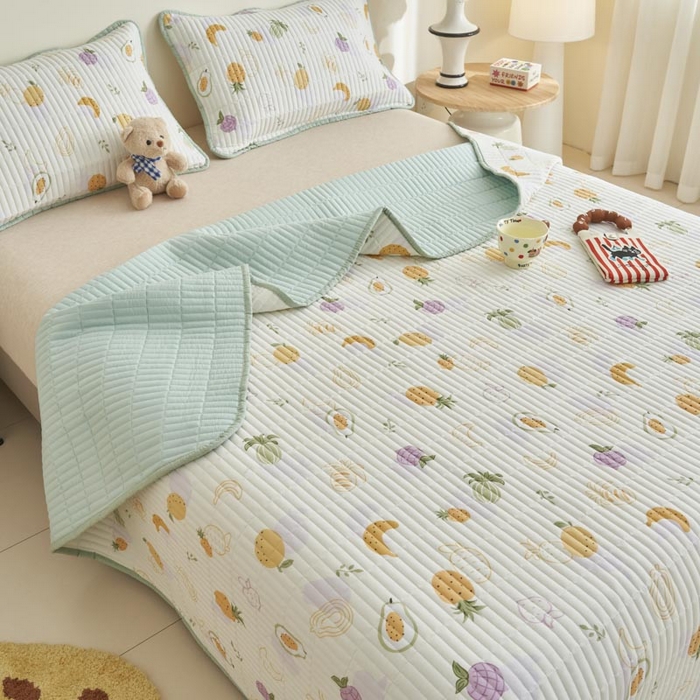 91家纺网 家纺一手货源 找家纺 子由家居 2025新款纯棉印花夹棉床盖 棉花被-热带水果