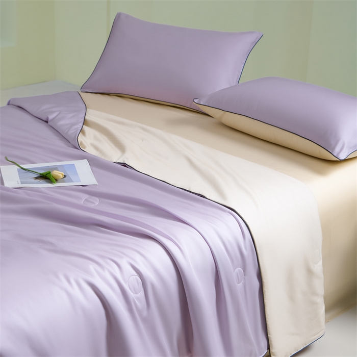 91家纺网 家纺一手货源 找家纺 笙意家纺 2025新款凉感水洗真丝麻绳双拼夏凉被-华尔兹系列 华尔兹-星黛紫+梧桐杏