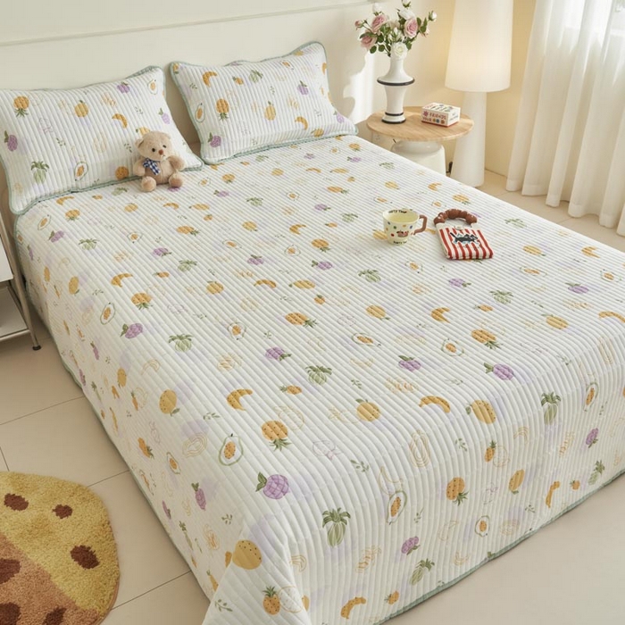 91家纺网 家纺一手货源 找家纺 子由家居 2025新款纯棉印花夹棉床盖 棉花被-热带水果