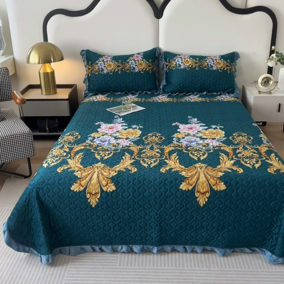 91家纺网 家纺一手货源 找家纺 2025新款水晶绒床单盖毯单人三件套花边毯子冬季加厚保暖双人加棉防滑绒毯 欧式墨绿