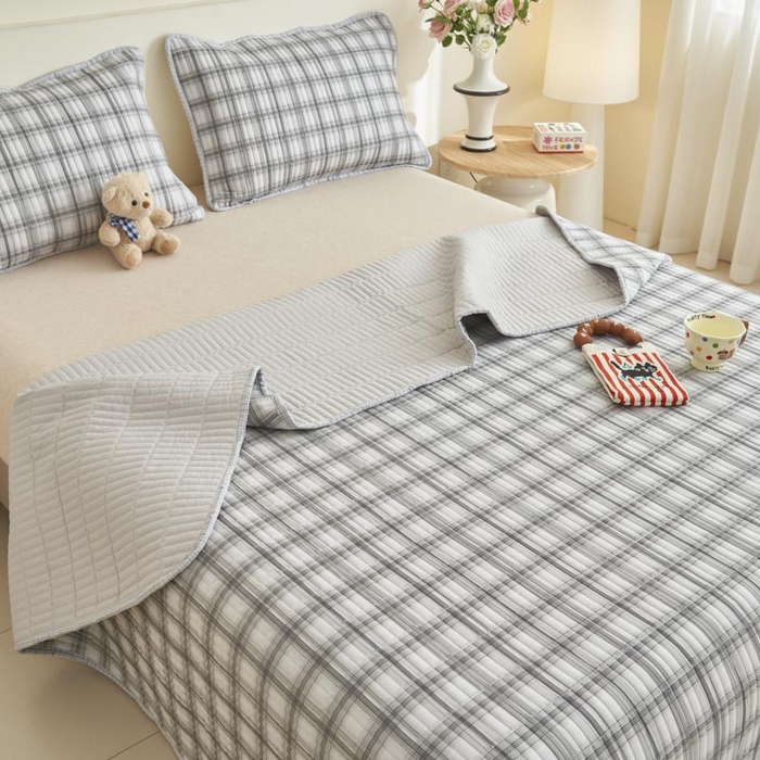 91家纺网 家纺一手货源 找家纺 子由家居 2025新款纯棉印花夹棉床盖 棉花被-灰色格