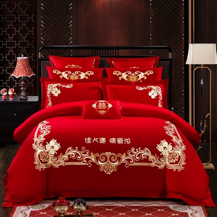 91家纺网 家纺一手货源 找家纺 （总）慕她家纺 2025慕她婚庆四件套大红色全棉纯棉刺绣结婚床上用品-系列二