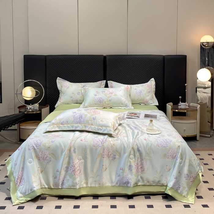 91家纺网 家纺一手货源 找家纺 绘萱2025爆款直播印花水洗天丝夏被四件套凉感水洗真丝冰丝夏凉被空调被绣球