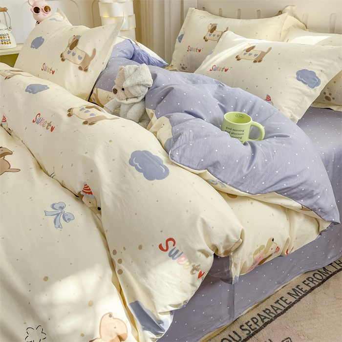 91家纺网 家纺一手货源 找家纺 大吉 2025新款100全棉纯棉喷气小清新被套四件套纯棉三件套床笠四件套单被套单枕套 萌宠日记