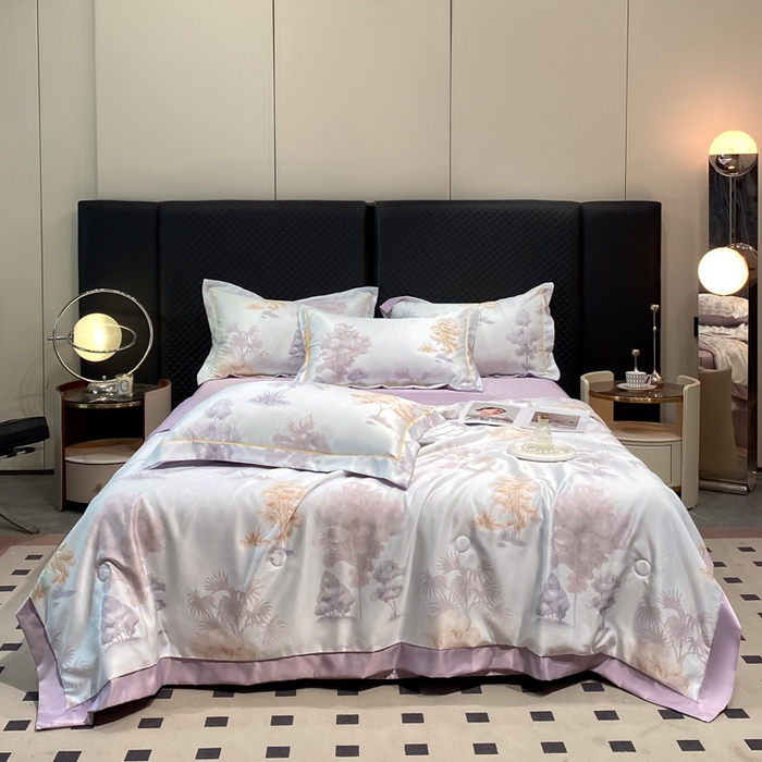 91家纺网 家纺一手货源 找家纺 绘萱2025爆款直播印花水洗天丝夏被四件套凉感水洗真丝冰丝夏凉被空调被发财树-紫