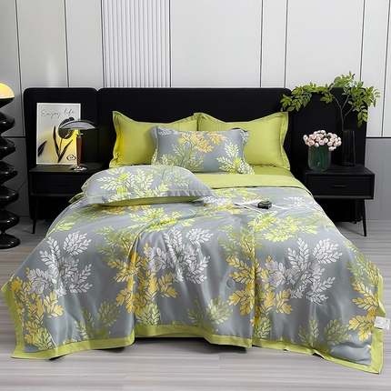 绘萱2025爆款直播印花水洗天丝夏被四件套凉感水洗真丝冰丝夏凉被空调被知夏绿