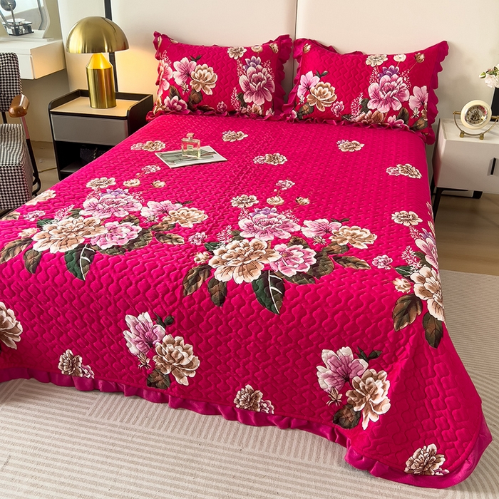 91家纺网 家纺一手货源 找家纺 2025新款水晶绒床单盖毯单人三件套花边毯子冬季加厚保暖双人加棉防滑绒毯 玫红蝶恋花