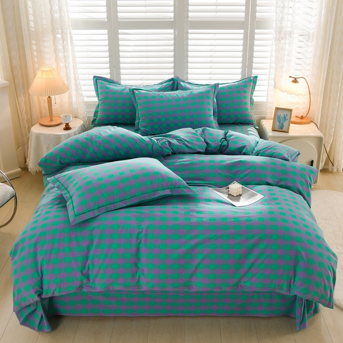 91家纺网 家纺一手货源 找家纺 润淳家居 2025新款A类全棉水洗棉四件套三件套 蓝紫三分格