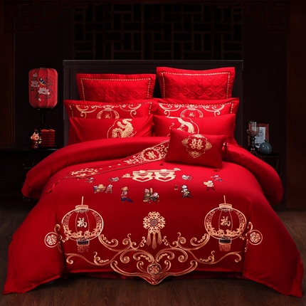 91家纺网 家纺一手货源 找家纺 （总）慕她家纺 2025慕她婚庆四件套大红色全棉纯棉刺绣结婚床上用品-系列二