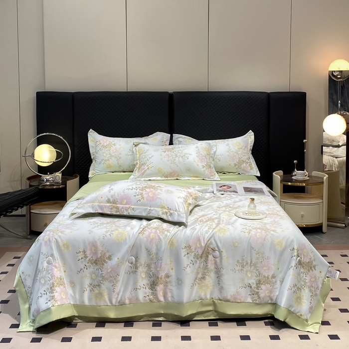 91家纺网 家纺一手货源 找家纺 绘萱2025爆款直播印花水洗天丝夏被四件套凉感水洗真丝冰丝夏凉被空调被向阳花