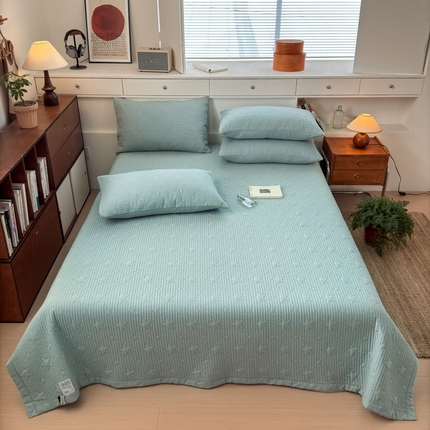 漫调2025新款双面全棉砂洗水洗星星绗缝多功能夏被床盖三件套 繁星绿