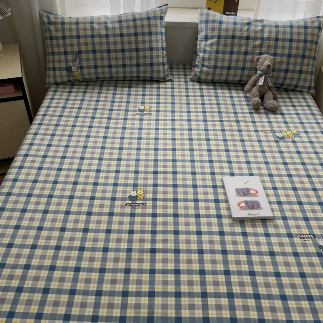 91家纺网 家纺一手货源 找家纺 莱通2025新款原棉老粗布床单 格子兔