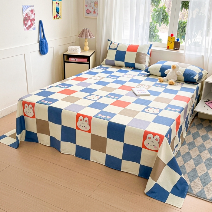 91家纺网 家纺一手货源 找家纺 莱通2025新款原棉老粗布床单 梦格兔兔